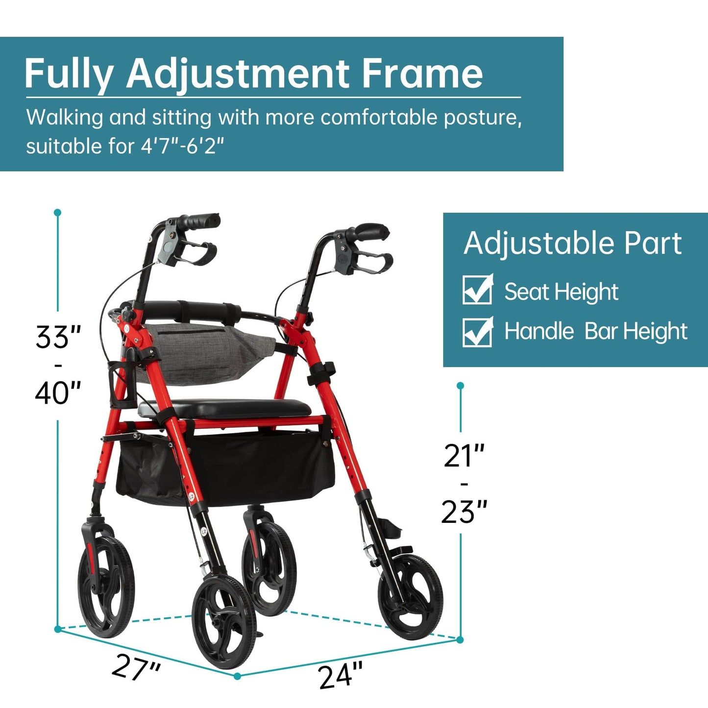 ELENKER® YF-9007C Rollator Walker with Front Pouch, 10”Wheels, Sponge Padded Seat and Backrest, Fully Adjustment Frame for Seniors, Red