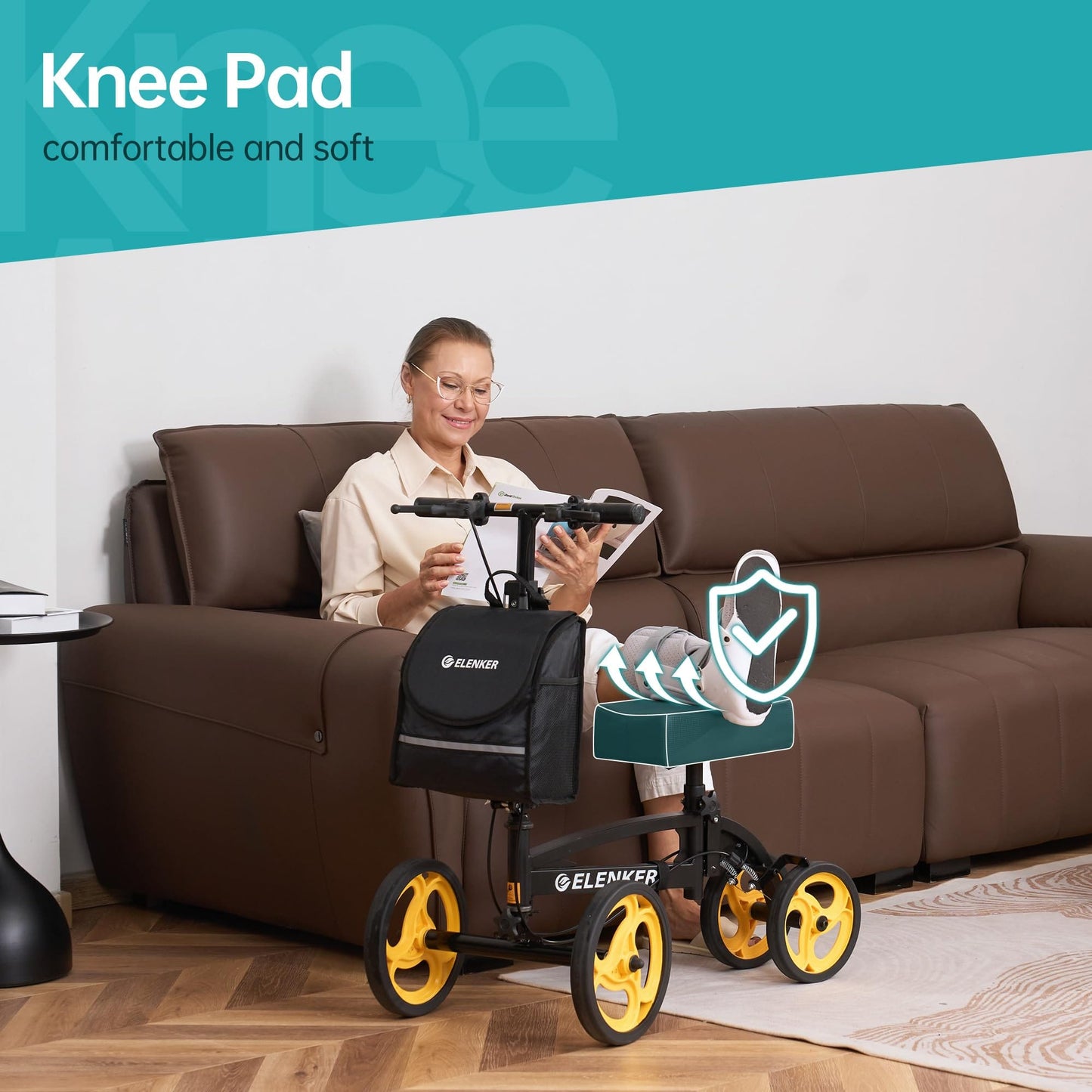 YF-9010A Steerable Knee Scooter, Foldable Knee Walker with Basket Dual Braking System Knee Scooters for or Angle and Injured Foot Broken Black