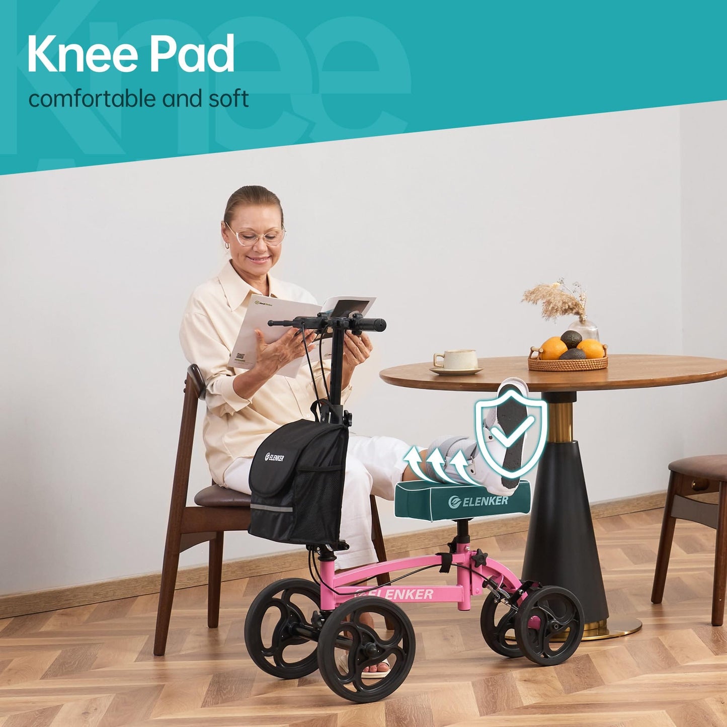 YF-9010A Steerable Knee Scooter, Foldable Knee Walker with Basket Dual Braking System Knee Scooters for or Angle and Injured Foot Broken Pink