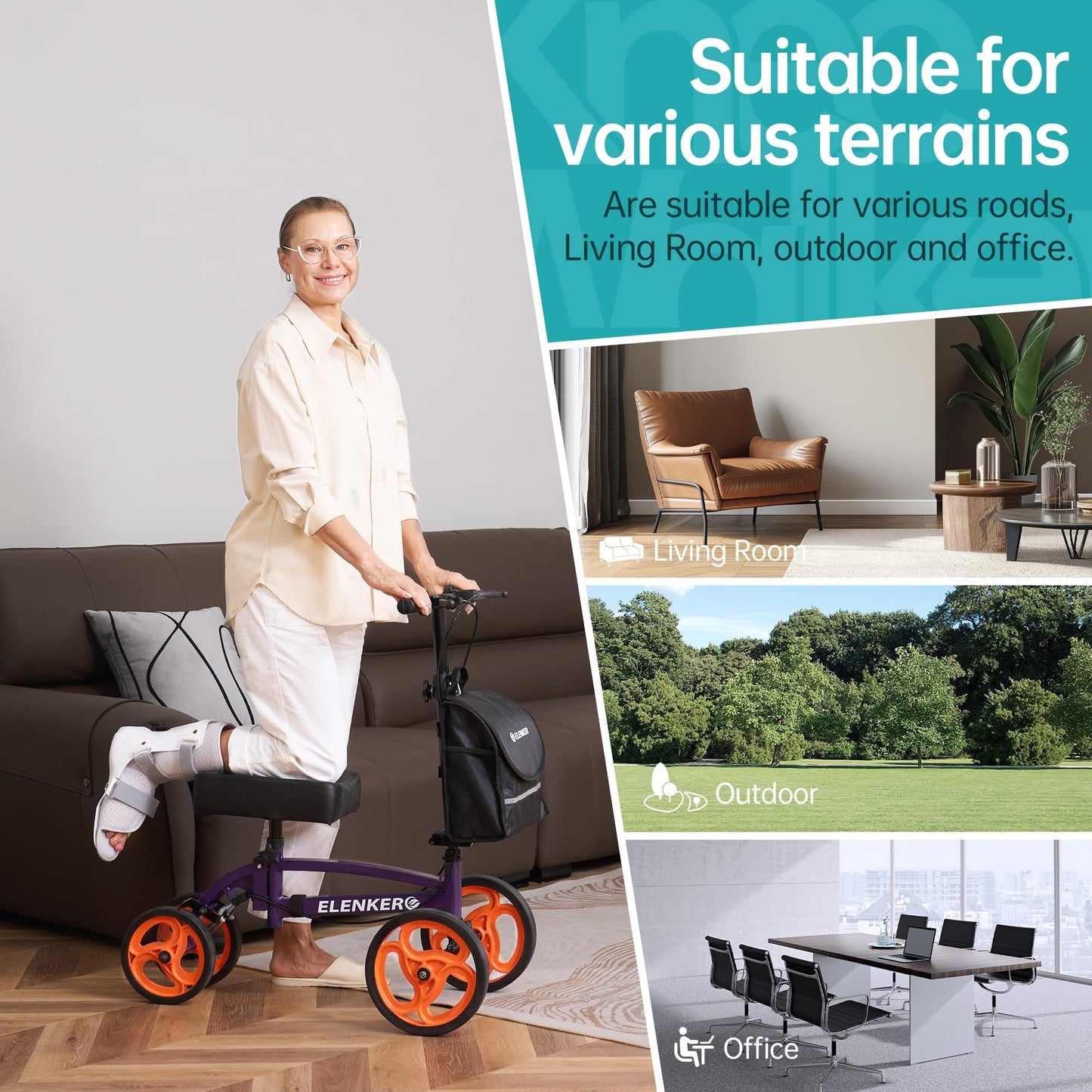 YF-9010A Steerable Knee Scooter, Foldable Knee Walker with Basket Dual Braking System, Knee Scooters for or Angle and Injured Foot Broken Purple
