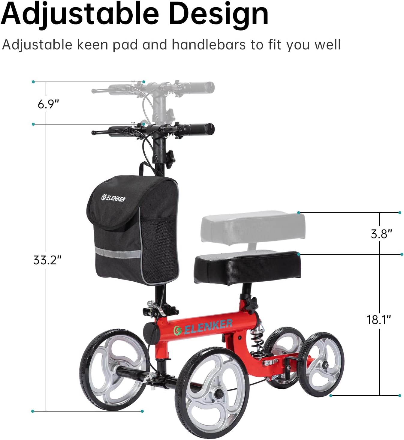 ELENKER Knee Scooter Steerable Deluxe Medical Knee Walkerfor Foot Injury Crutch Alternative
