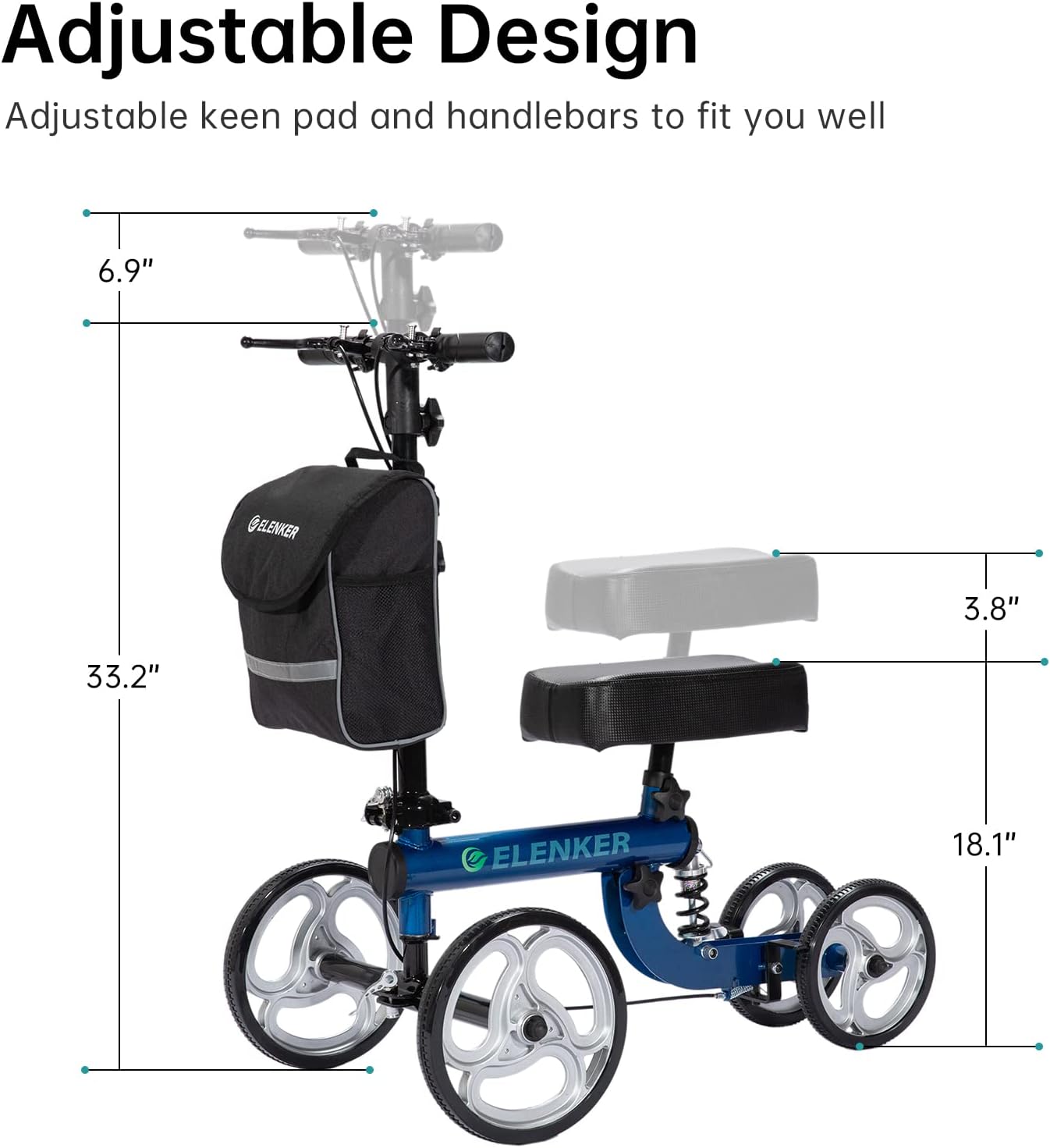 ELENKER Knee Scooter Steerable Deluxe Medical Knee Walkerfor Foot Injury Crutch Alternative