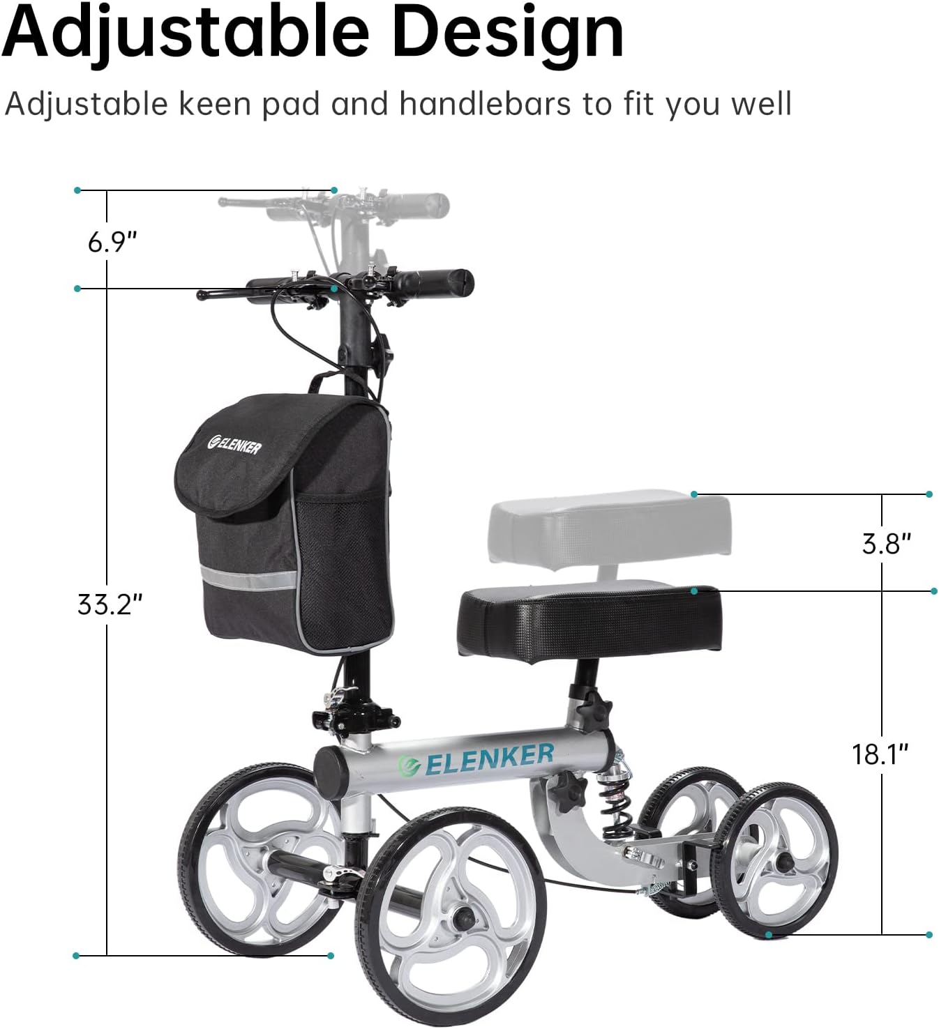 ELENKER Knee Scooter Steerable Deluxe Medical Knee Walkerfor Foot Injury Crutch Alternative