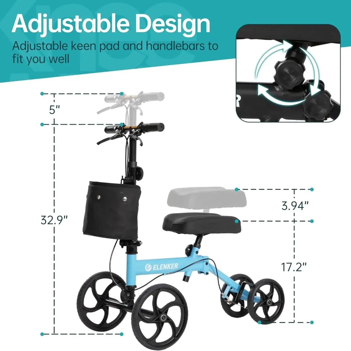 Elenker Steerable Knee Scooter with 10" Front Wheels, Foldable Knee Walker for Foot Injuries Crutches Alternative