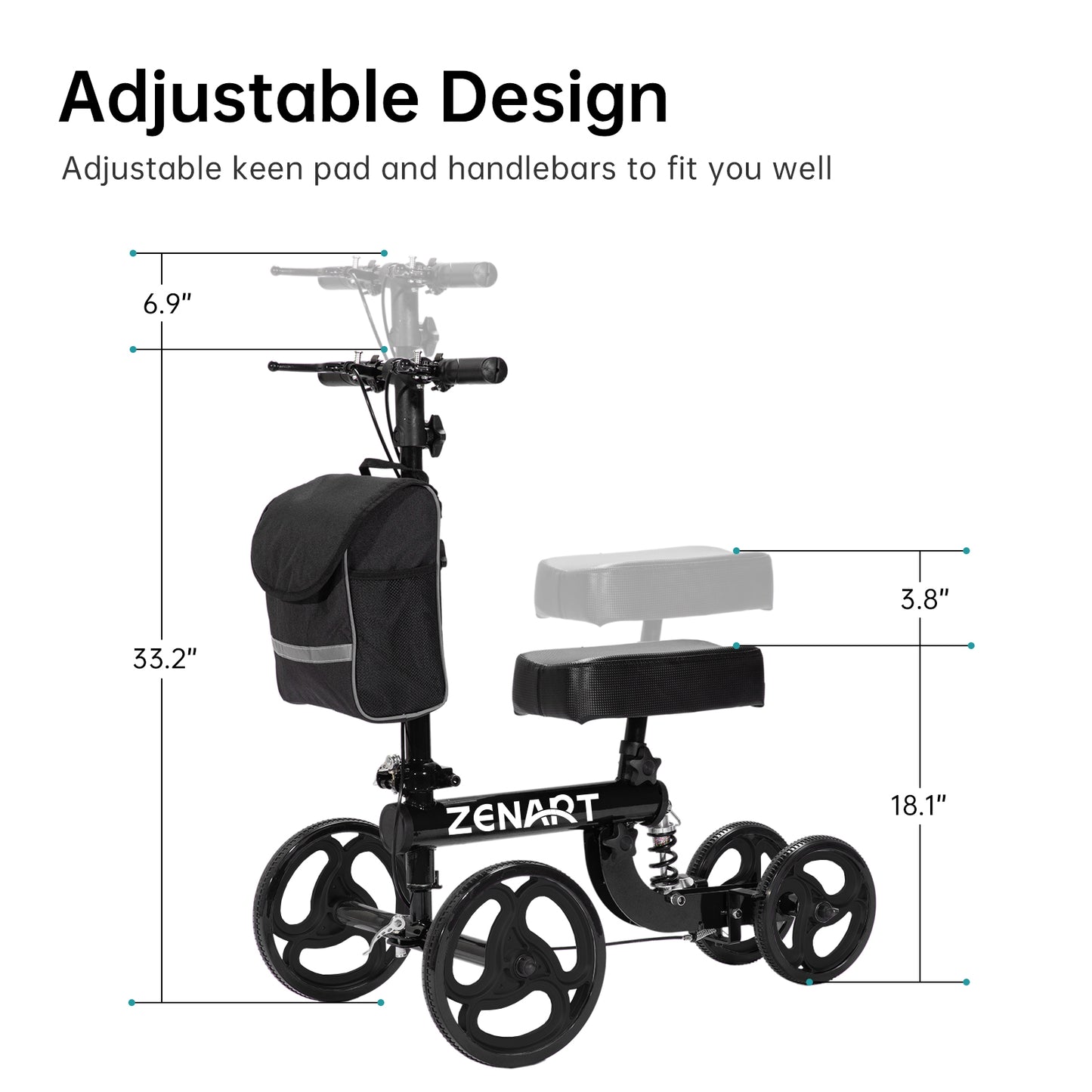 ZENART Steerable Knee Scooter, Deluxe Foldable Walker with 10" Wheel for Foot Injuries, Crutches Alternative