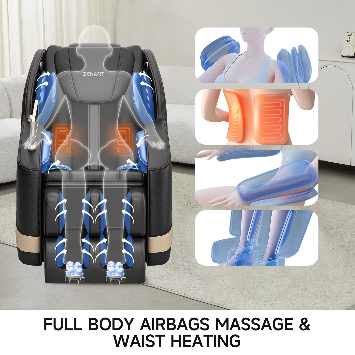 BS-08 ZENART Full Body Massage Chair Recliner with Zero Gravity, Heating, Bluetooth Speaker, Airbags, Foot Roller, for Home Office