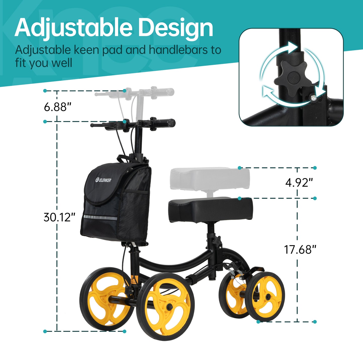 ELENKER Steerable Knee Scooter, Medical Walker for Foot Surgery Injuries, Crutch Alternative