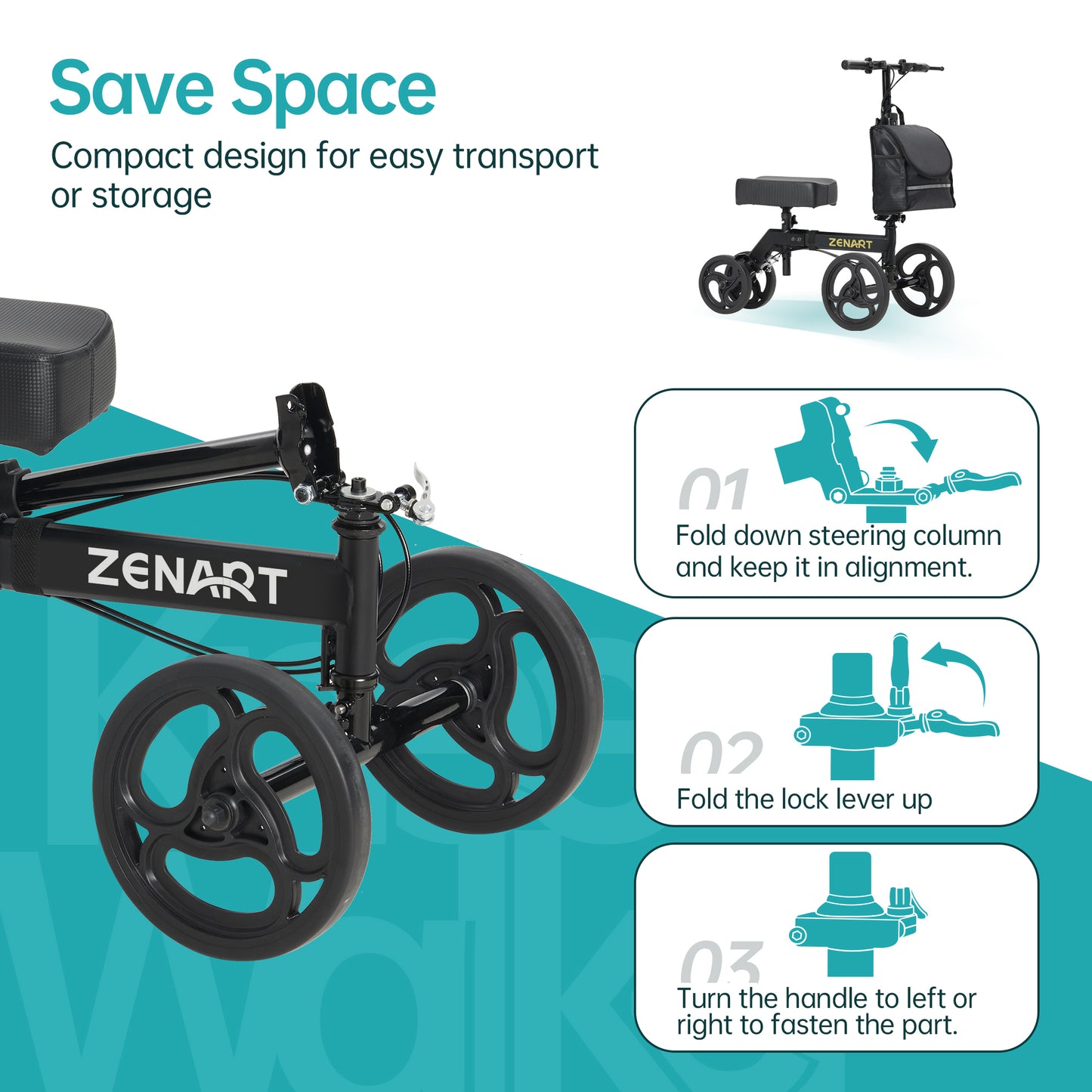 ZENART Foldable Knee Walker, Deluxe Medical Scooter for Foot Surgery Crutches Alternative Black