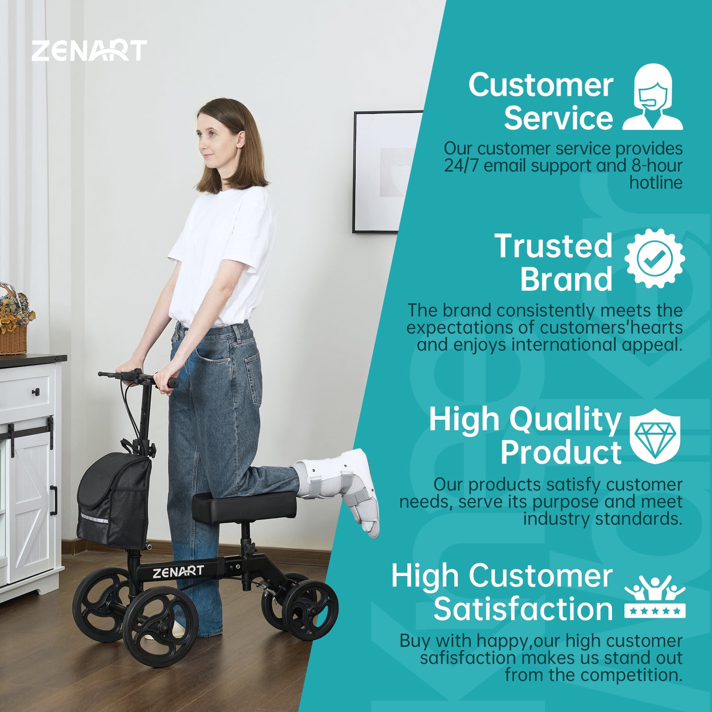 ZENART Foldable Knee Walker, Deluxe Medical Scooter for Foot Surgery Crutches Alternative Black