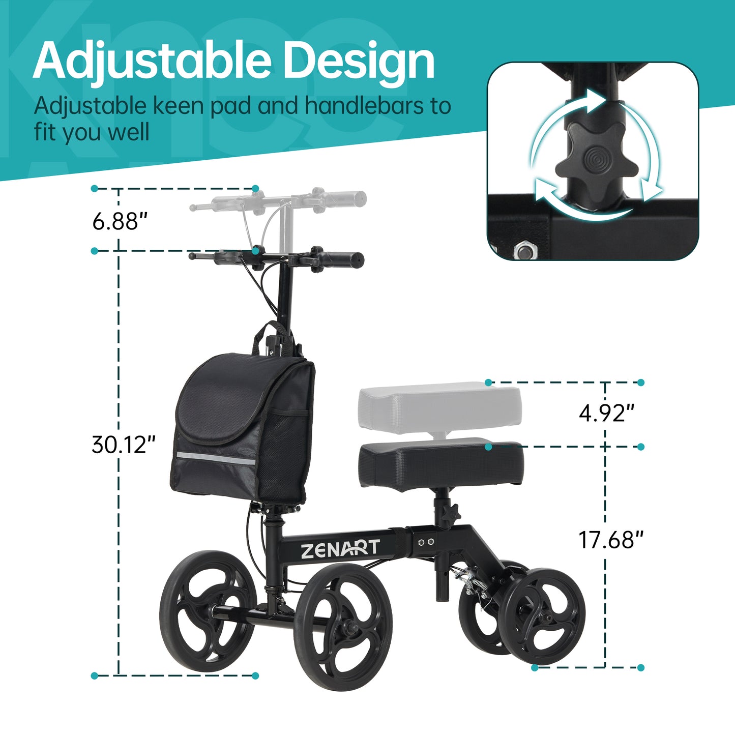 ZENART Foldable Knee Walker, Deluxe Medical Scooter for Foot Surgery Crutches Alternative Black