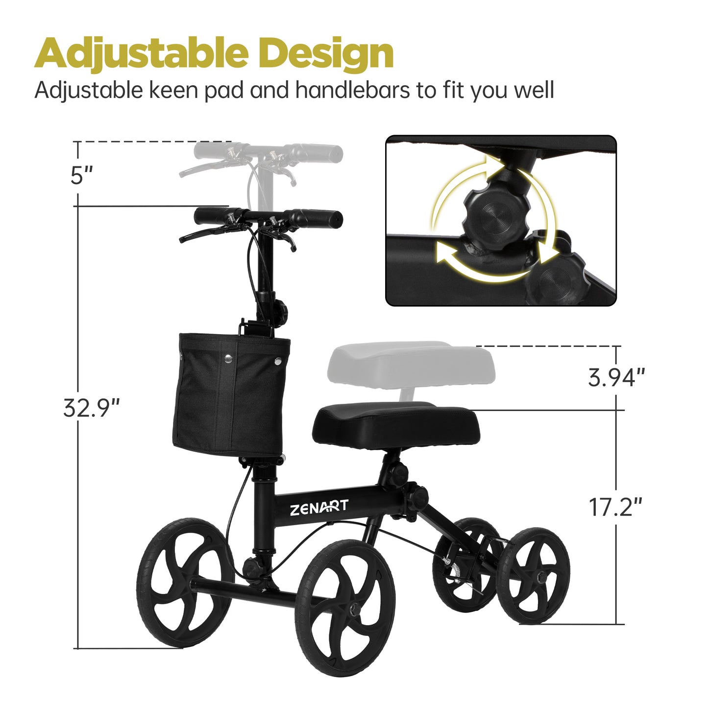 ZENART Economy Knee Scooter Foldable Walker for Foot Surgery Adult Crutch Alternative