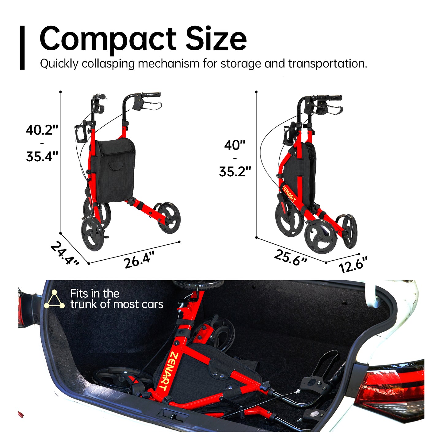 ZENART Foldable 3 Wheel Rollator Walker Lightweight for Seniors with 10" Wheel