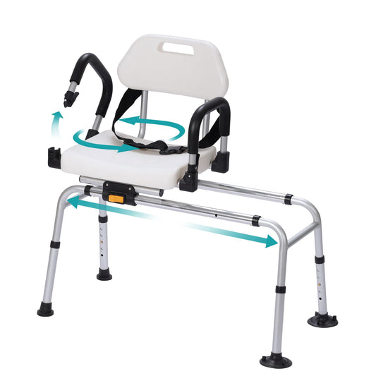 ELENKER Sliding Shower Chair with Swivel Seat, Tub Transfer Bench with Drainage Holes, Pivoting Arms and Seat Belt, Non-Slip Foot Mats, for The Elderly, Sick and Handicap