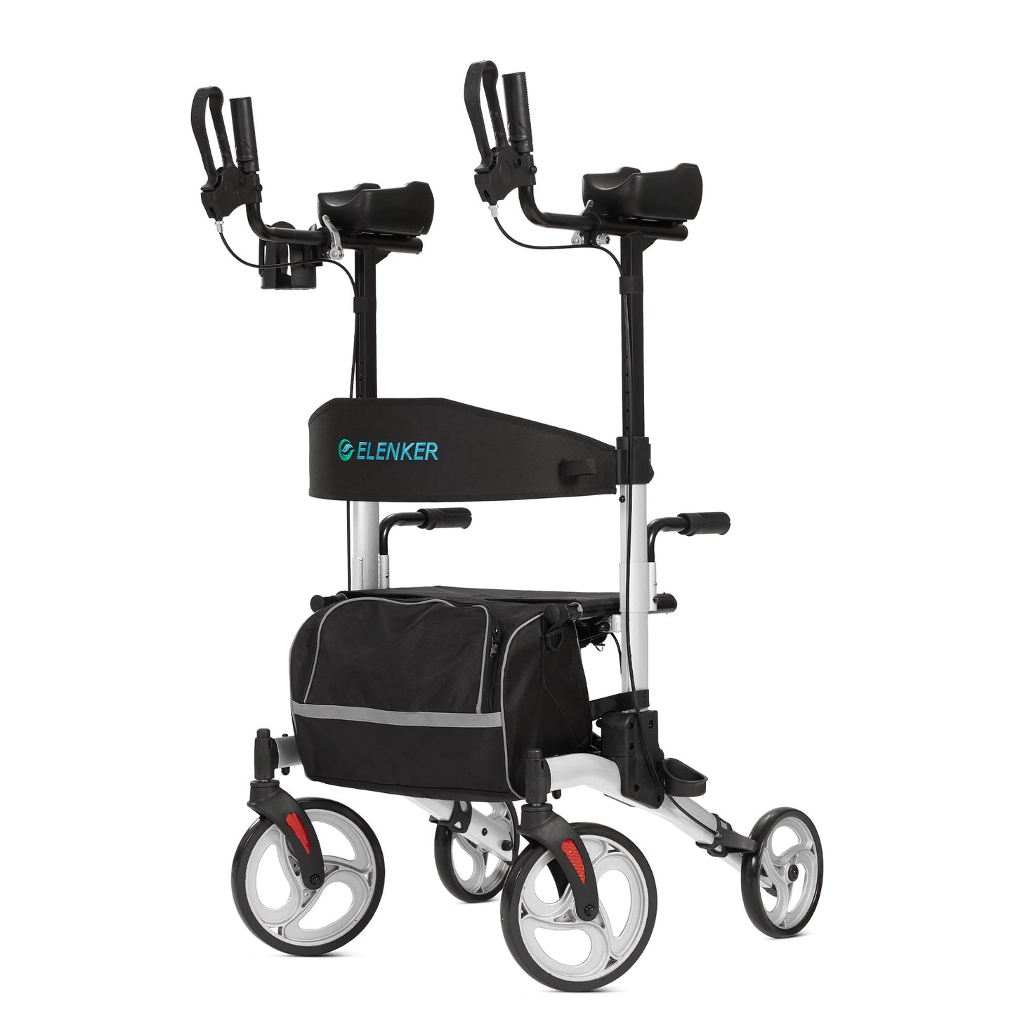 ELENKER Upright Walker, Stand Up Folding Rollator Walker with 10” Front Wheels Backrest Seat and Padded Armrests for Seniors and Adults, Silver