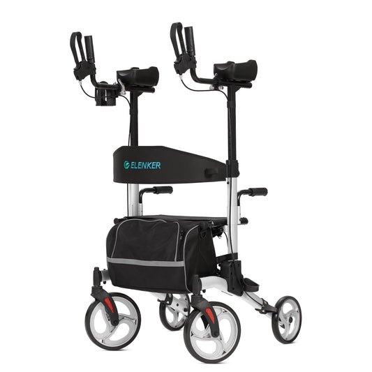 ELENKER Upright Walker, Stand Up Folding Rollator Walker with 10” Front Wheels Backrest Seat and Padded Armrests for Seniors and Adults, Silver
