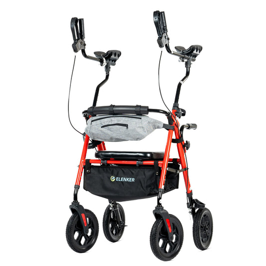 ELENKER All Terrain Upright Rollator Walker with Seat, Foldable Stand Up Walkers for Seniors with Armrest, Front Pouch, 10” Wheels, Fully Adjustment Frame
