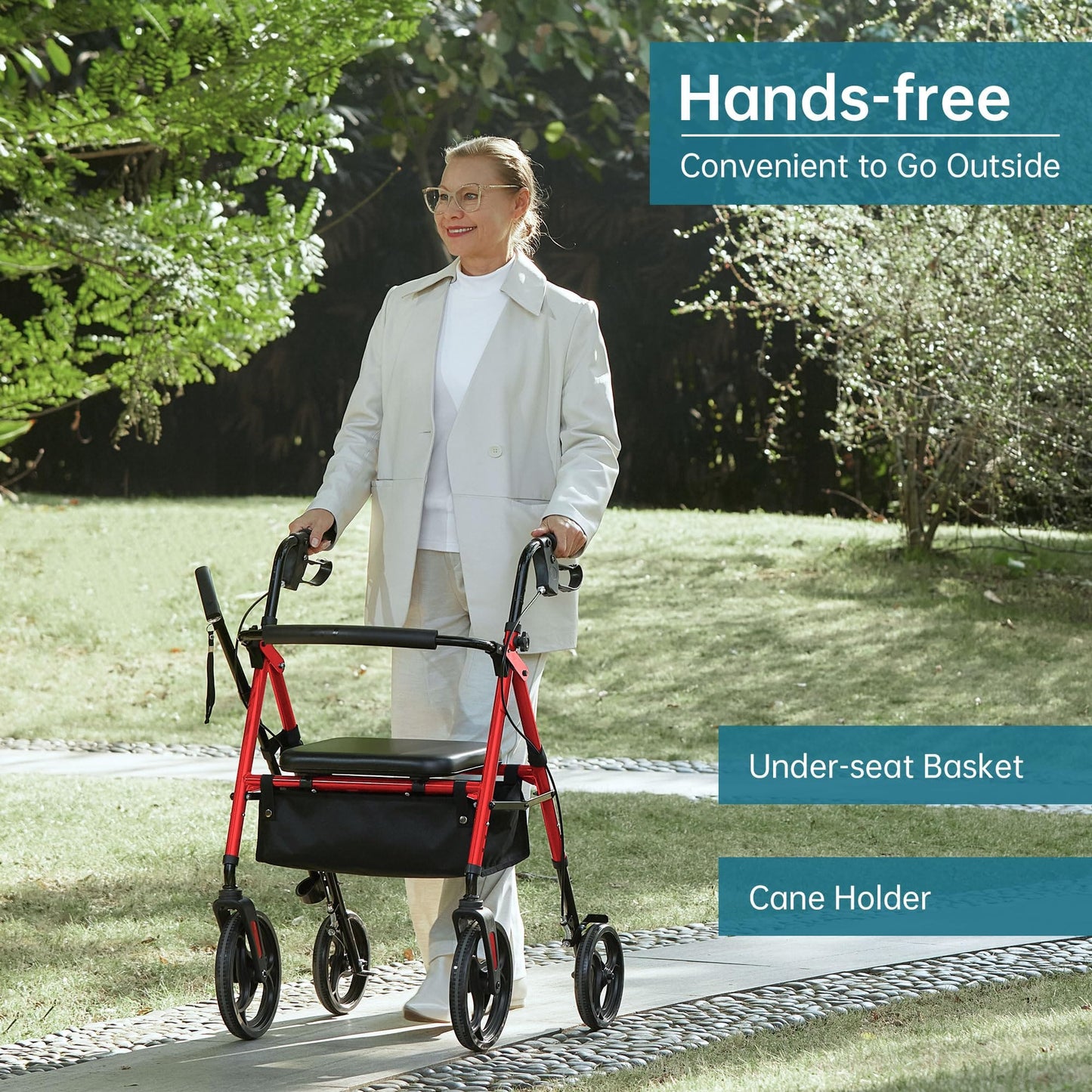 Elenker Mobility Rollator Walker with 10" Wheels, Adjustable Seat and Arms