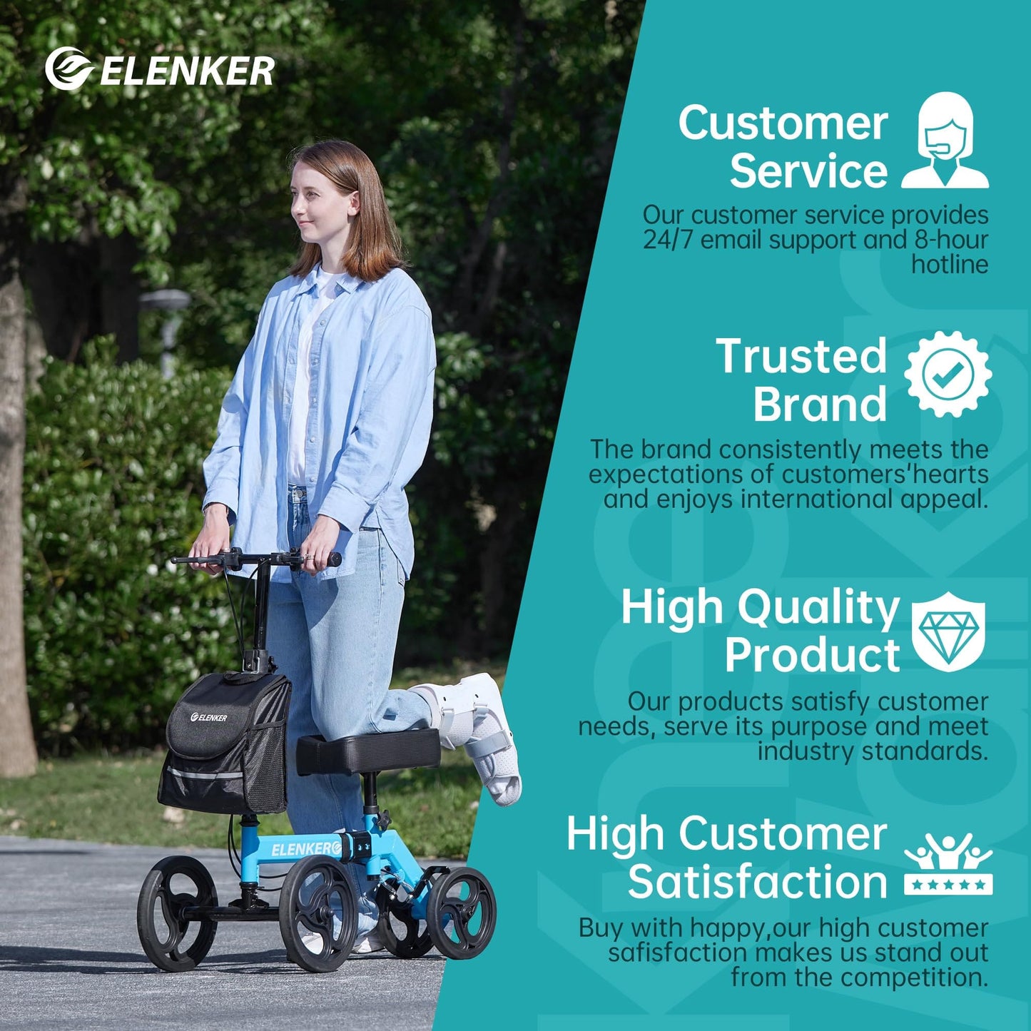 ELENKER Folding Knee Scooter, Deluxe 10" Front Wheels Medical Knee Walker for Foot Injuries Surgery Crutches Alternative