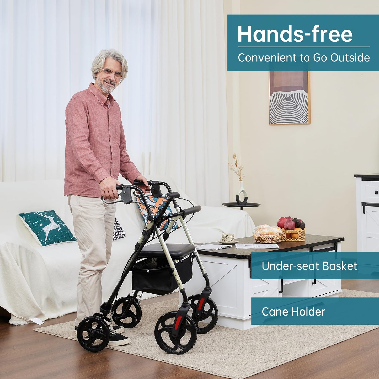 Elenker Mobility Rollator Walker with 10" Wheels, Adjustable Seat and Arms