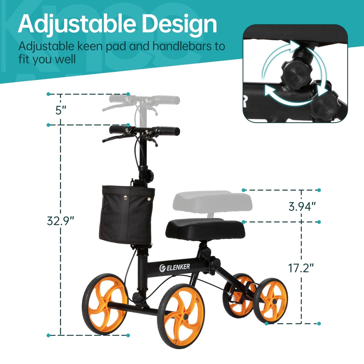 Elenker Steerable Knee Scooter with 10" Front Wheels, Foldable Knee Walker for Foot Injuries Crutches Alternative