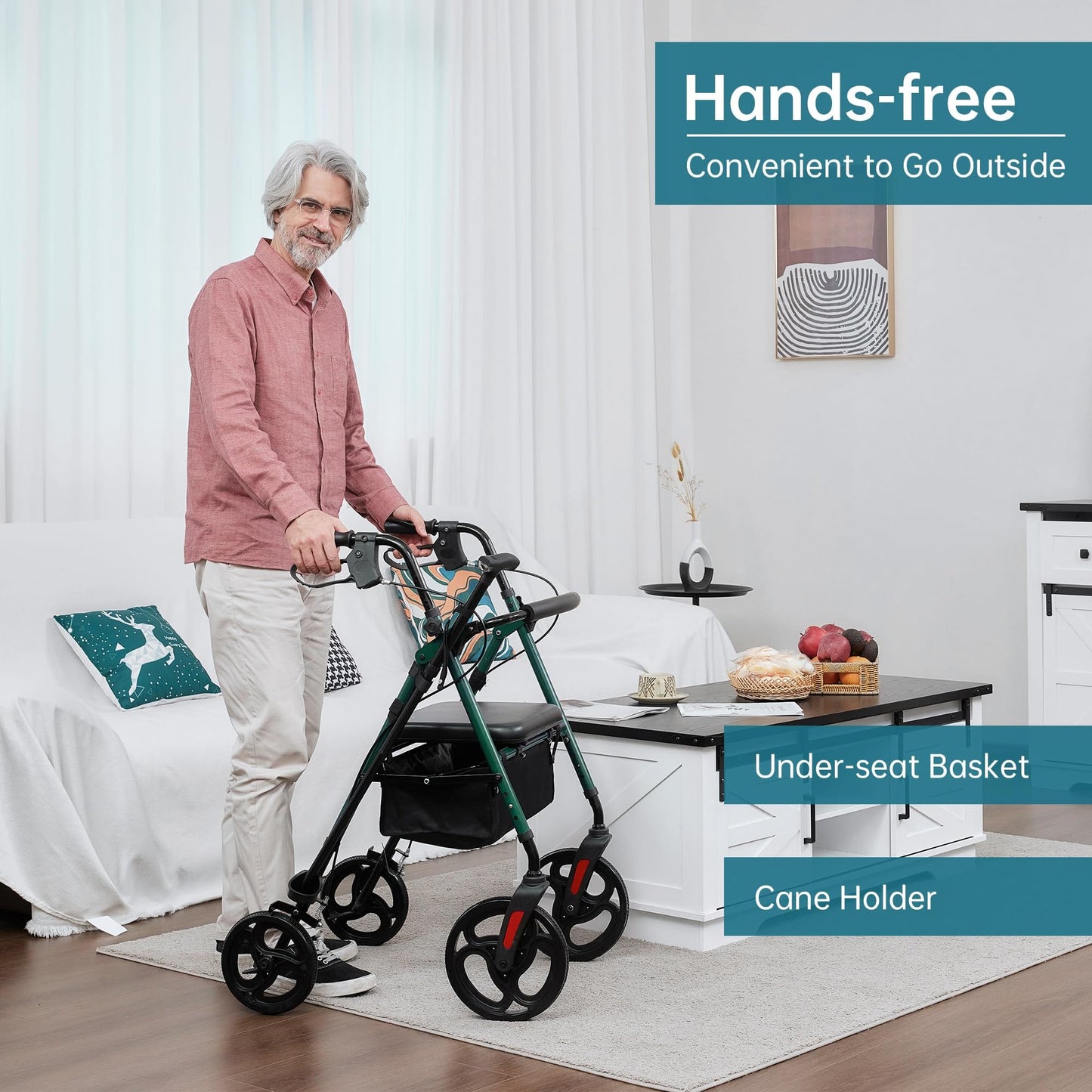 Elenker Mobility Rollator Walker with 10" Wheels, Adjustable Seat and Arms