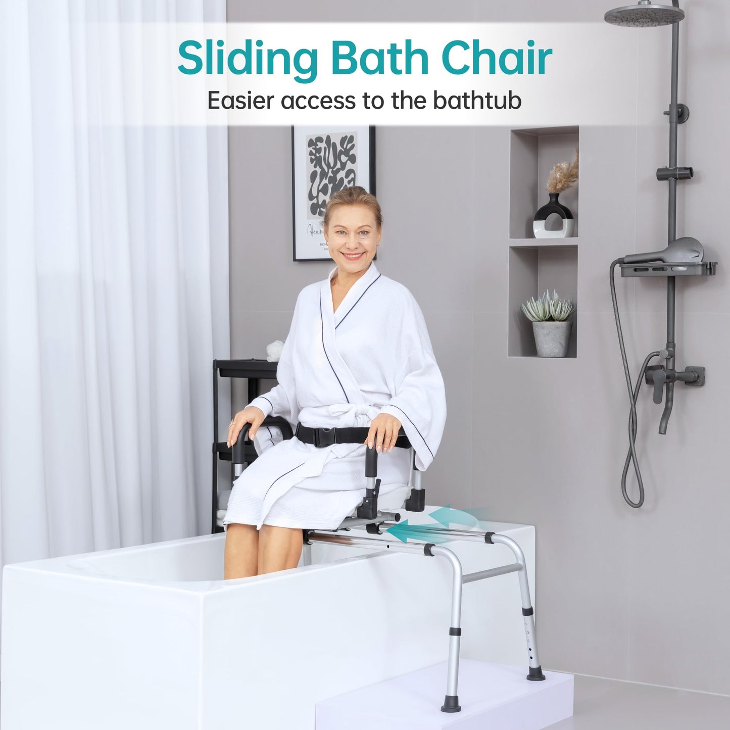 ELENKER Sliding Shower Chair with Swivel Seat, Tub Transfer Bench with Drainage Holes, Pivoting Arms and Seat Belt, Non-Slip Foot Mats, for The Elderly, Sick and Handicap