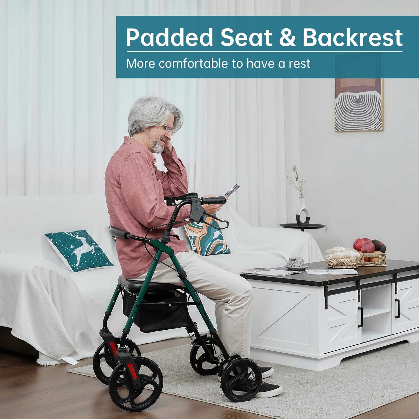 Elenker Mobility Rollator Walker with 10" Wheels, Adjustable Seat and Arms