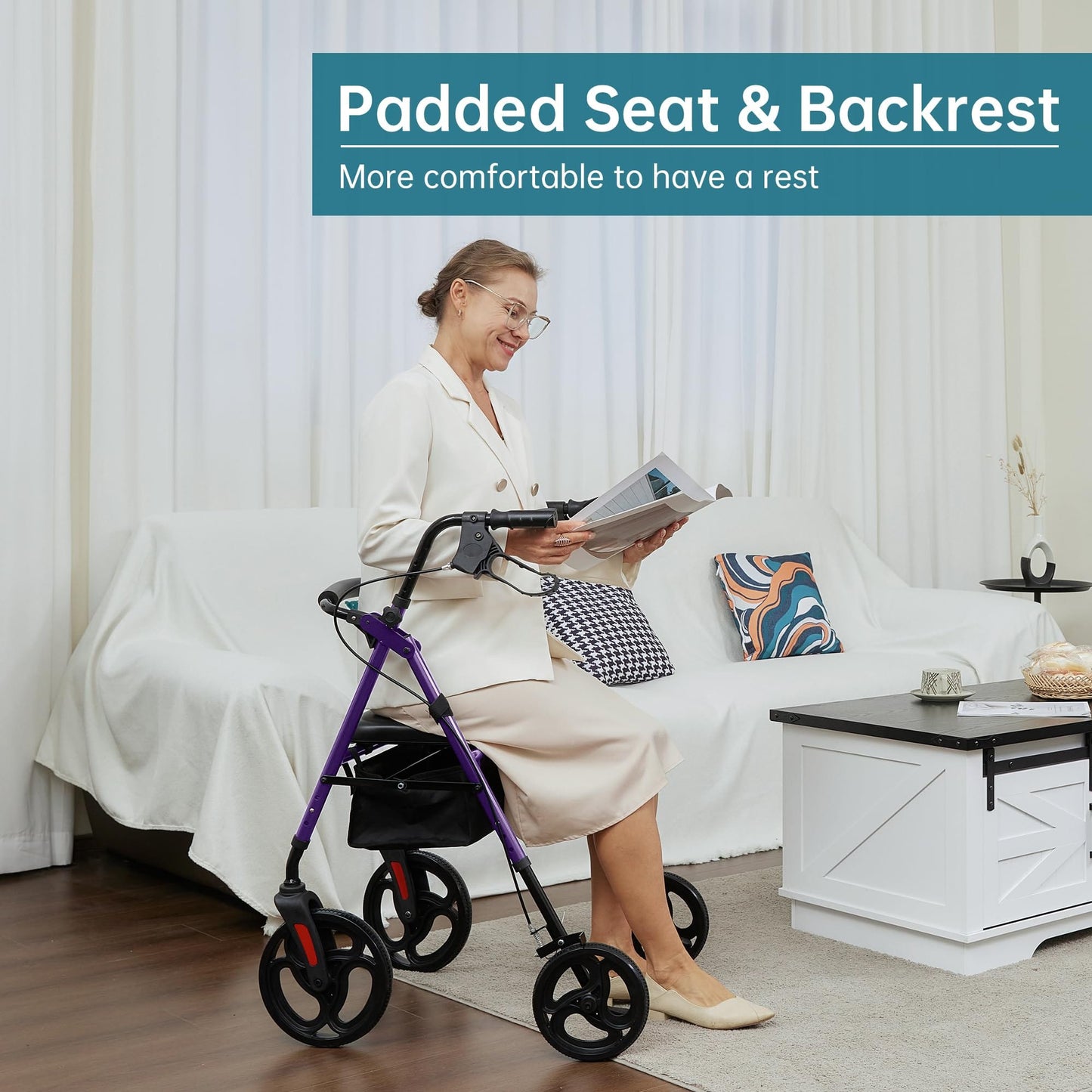 Elenker Mobility Rollator Walker with 10" Wheels, Adjustable Seat and Arms