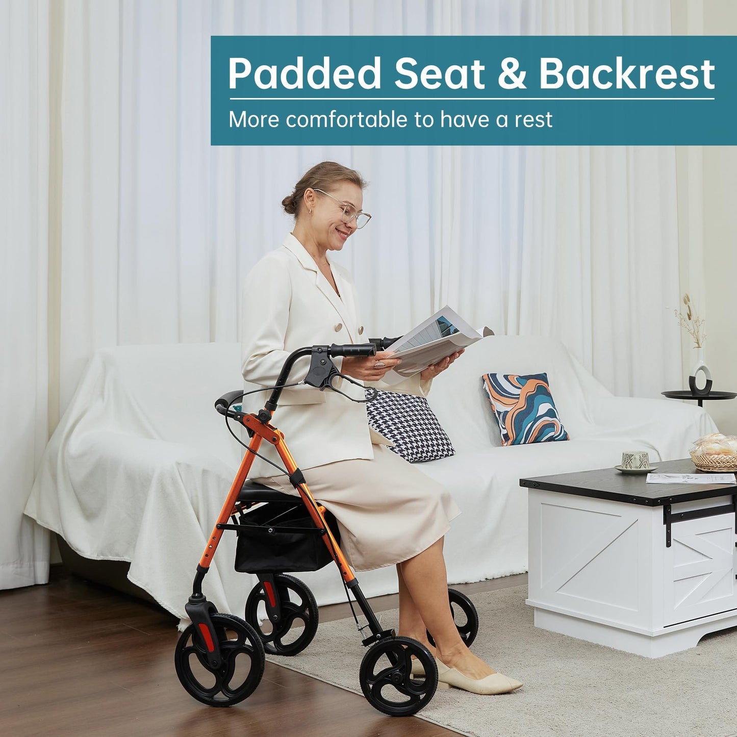 Elenker Mobility Rollator Walker with 10" Wheels, Adjustable Seat and Arms