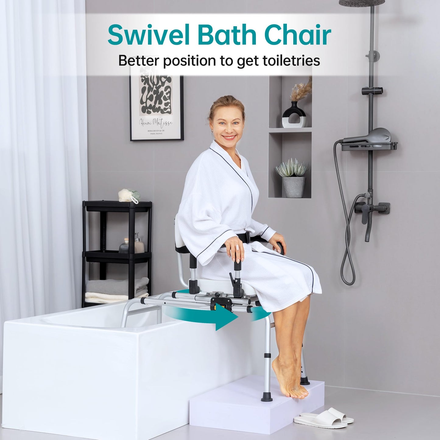 ELENKER Sliding Shower Chair with Swivel Seat, Tub Transfer Bench with Drainage Holes, Pivoting Arms and Seat Belt, Non-Slip Foot Mats, for The Elderly, Sick and Handicap