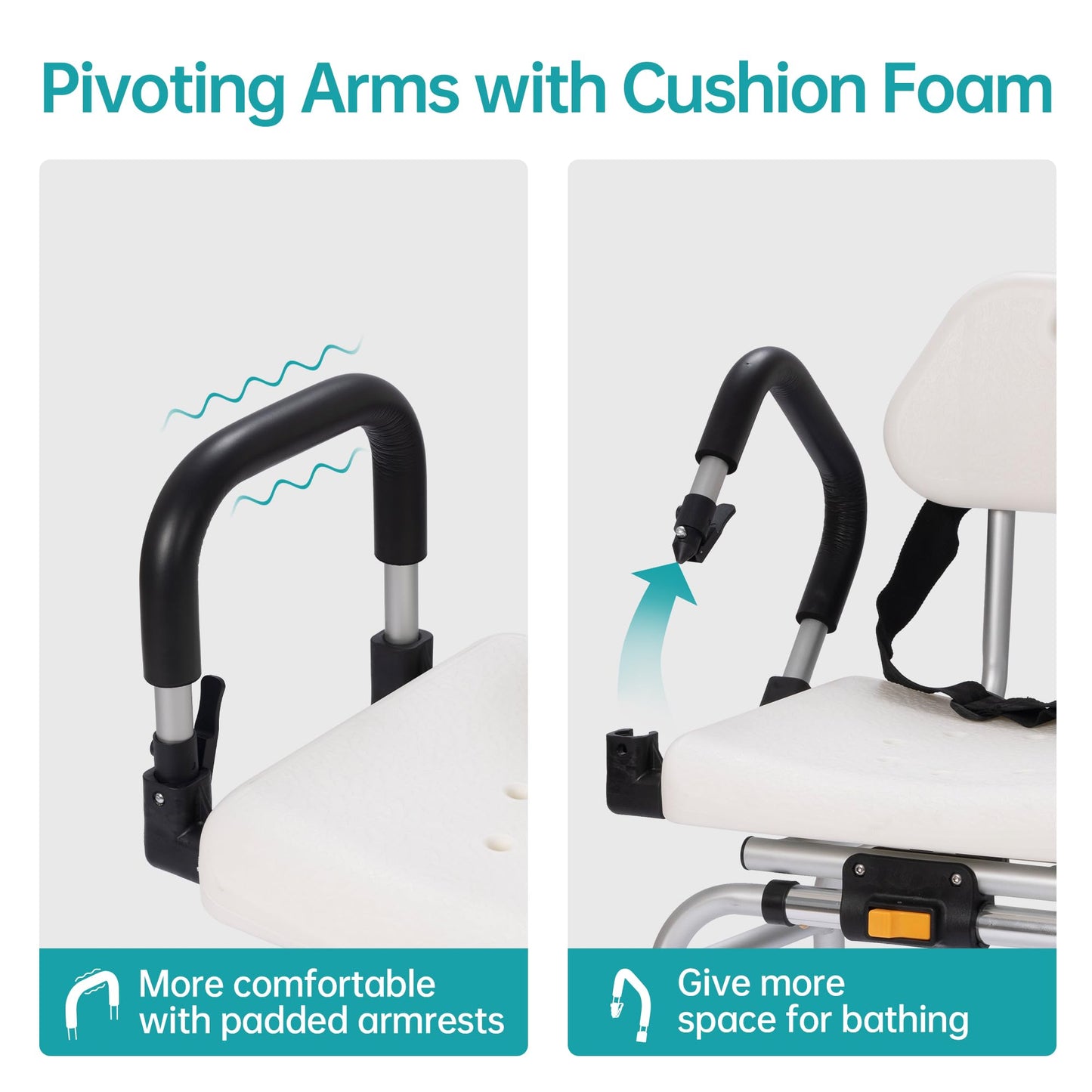 ELENKER Sliding Shower Chair with Swivel Seat, Tub Transfer Bench with Drainage Holes, Pivoting Arms and Seat Belt, Non-Slip Foot Mats, for The Elderly, Sick and Handicap