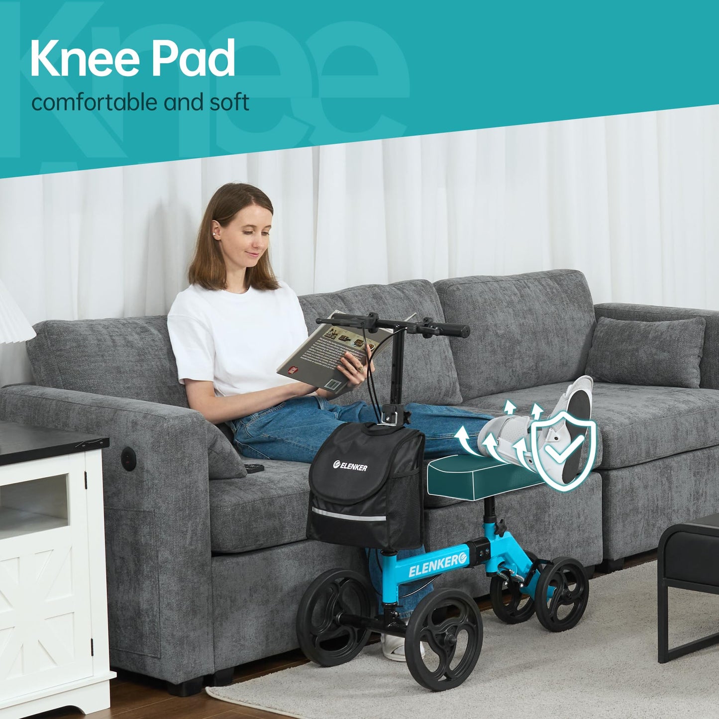 ELENKER Folding Knee Scooter, Deluxe 10" Front Wheels Medical Knee Walker for Foot Injuries Surgery Crutches Alternative