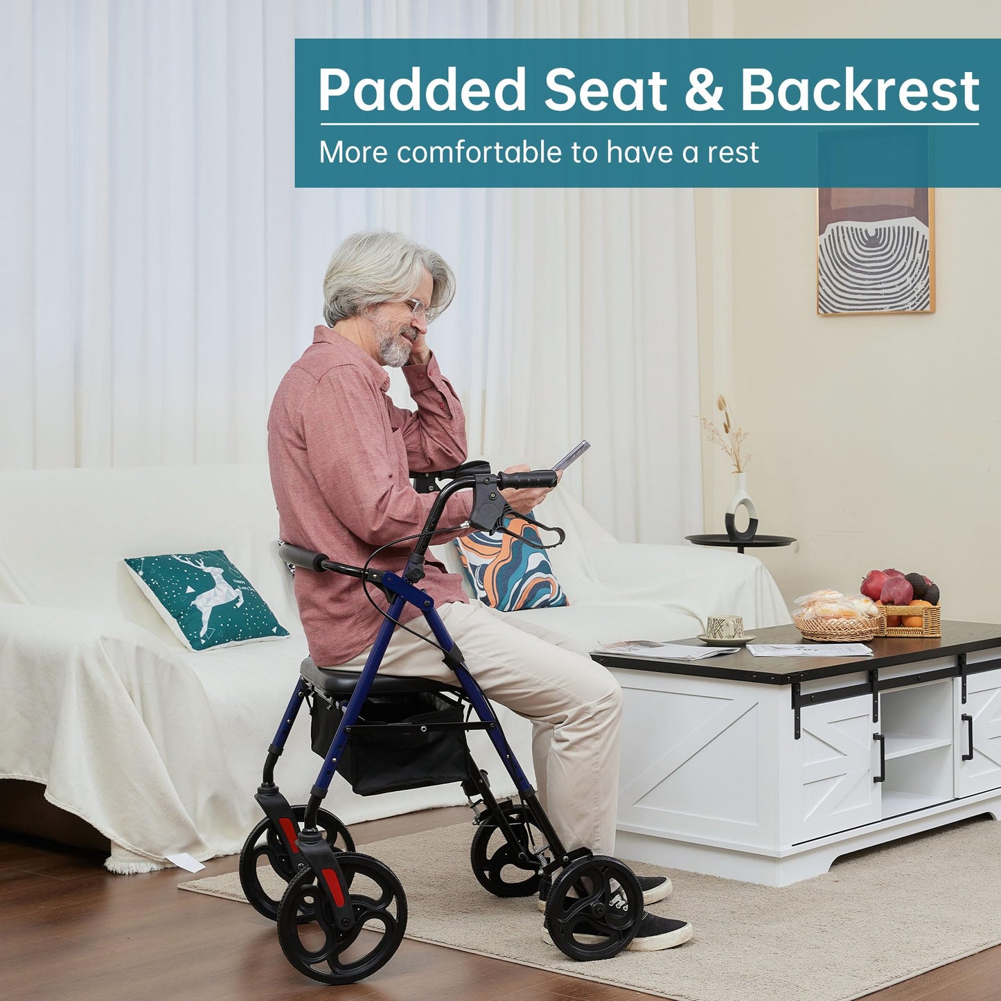 Elenker Mobility Rollator Walker with 10" Wheels, Adjustable Seat and Arms