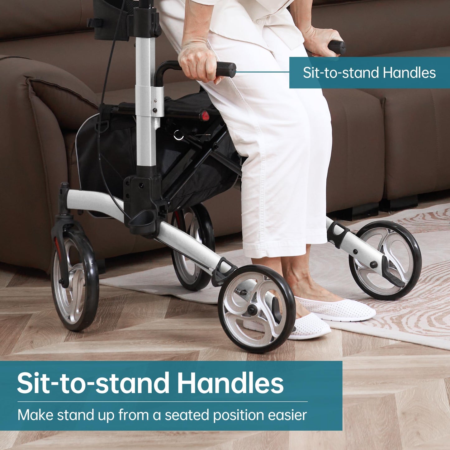 ELENKER Upright Walker, Stand Up Folding Rollator Walker with 10” Front Wheels Backrest Seat and Padded Armrests for Seniors and Adults, Silver