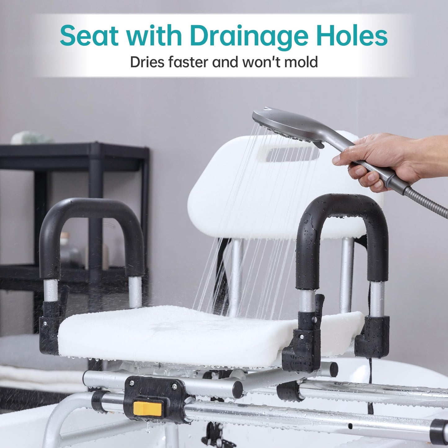 ELENKER Sliding Shower Chair with Swivel Seat, Tub Transfer Bench with Drainage Holes, Pivoting Arms and Seat Belt, Non-Slip Foot Mats, for The Elderly, Sick and Handicap