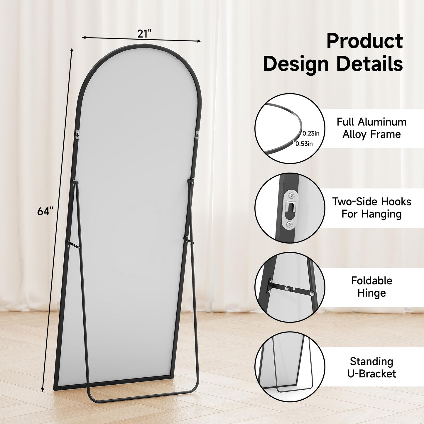 64"x21" Full Length Mirror, Arched Floor Mirror, Wall Mirror with Stand Aluminum Alloy Thin Frame, Standing Hanging or Leaning Wall, for Living Room, Bedroom, Cloakroom, Black