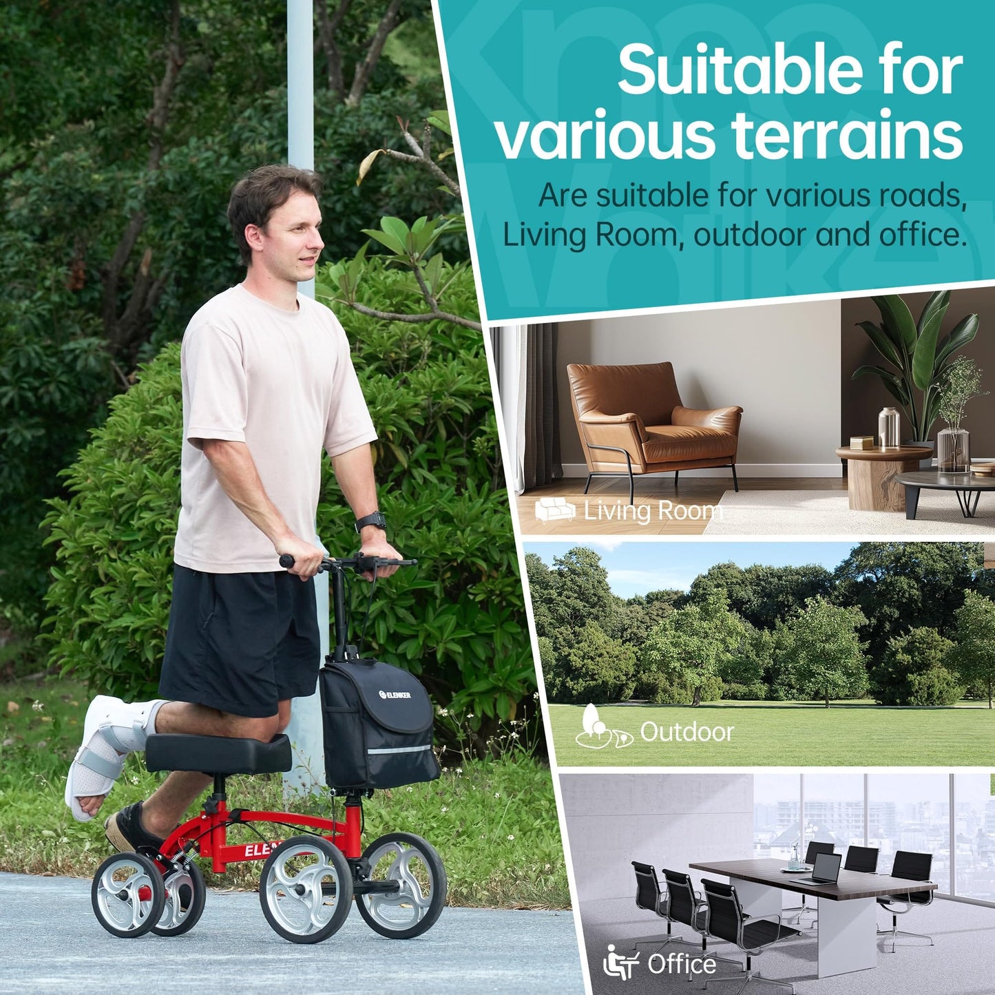 YF-9010A Steerable Knee Scooter, Foldable Knee Walker with Basket Dual Braking System Knee Scooters for or Angle and Injured Foot Broken Red