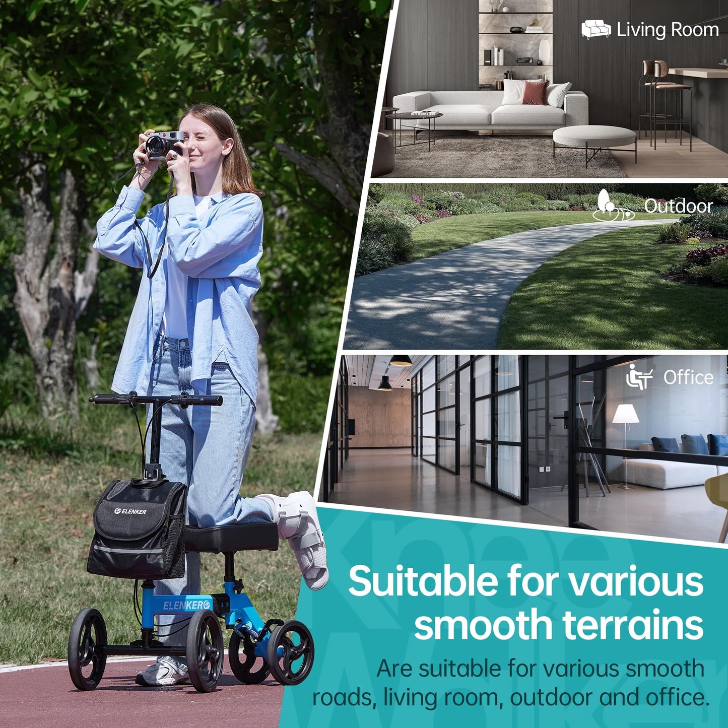 ELENKER Folding Knee Scooter, Deluxe 10" Front Wheels Medical Knee Walker for Foot Injuries Surgery Crutches Alternative