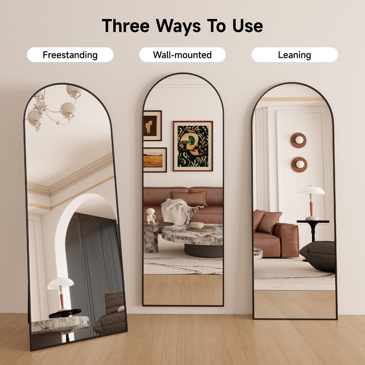 64"x21" Full Length Mirror, Arched Floor Mirror, Wall Mirror with Stand Aluminum Alloy Thin Frame, Standing Hanging or Leaning Wall, for Living Room, Bedroom, Cloakroom, Black