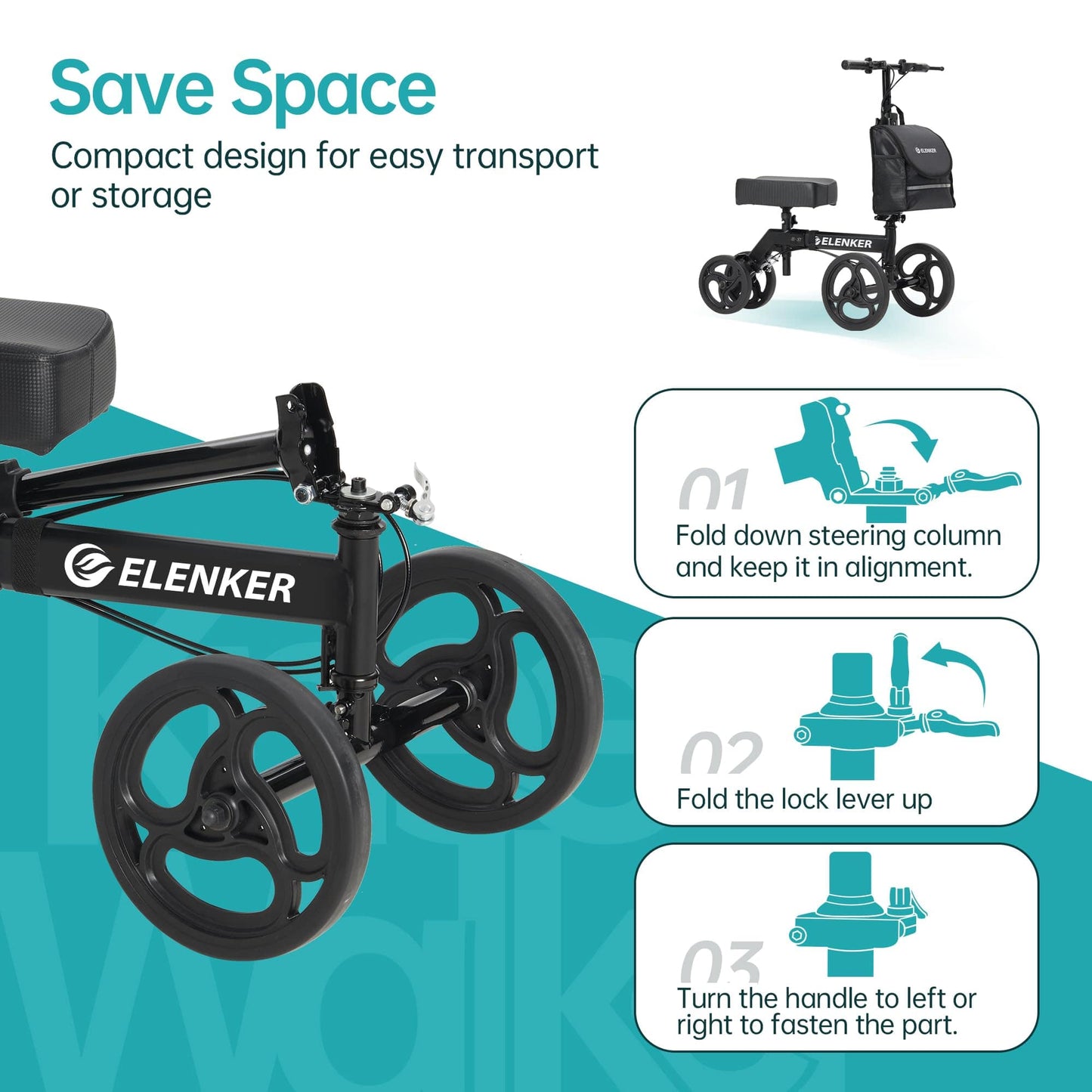 ELENKER Folding Knee Scooter, Deluxe 10" Front Wheels Medical Knee Walker for Foot Injuries Surgery Crutches Alternative