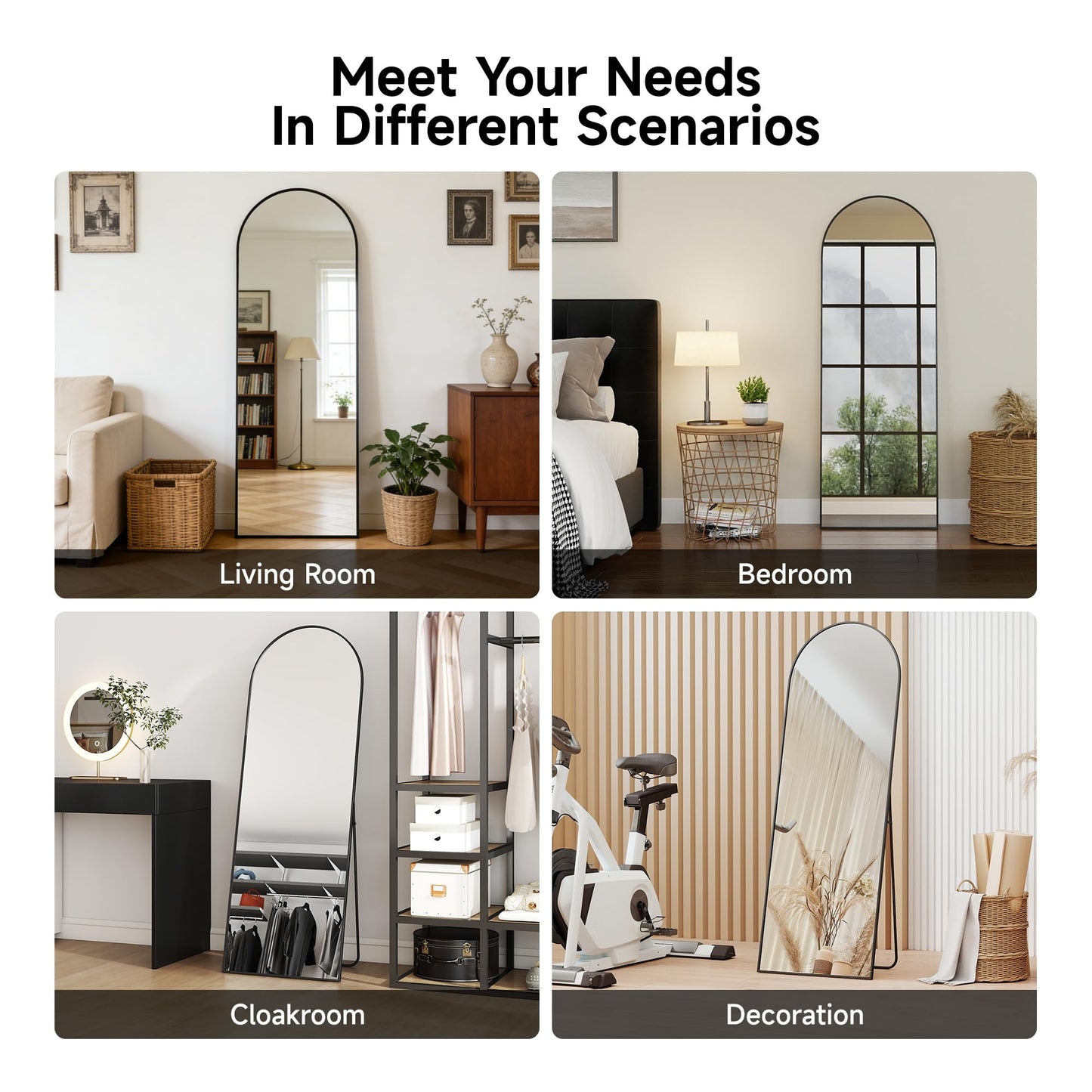 64"x21" Full Length Mirror, Arched Floor Mirror, Wall Mirror with Stand Aluminum Alloy Thin Frame, Standing Hanging or Leaning Wall, for Living Room, Bedroom, Cloakroom, Black